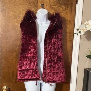 Michael kors Velvet Burgundy Sleeveless Jacket with Faux Fur Trim